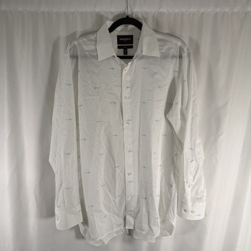 Bonobos Slim Fit Dress Shirt Men's 16.5 34 White Shark Print Button Up Long Slv